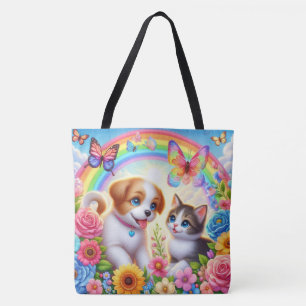 Cute/whimsical puppy/kitten rainbow tote bag