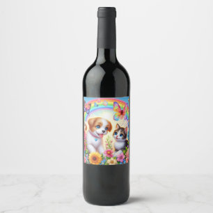Cute/whimsical puppy/kitten rainbow wine label