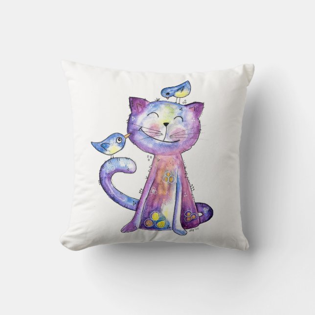 Cute Whimsical Purple Cat with Birds Cushion (Front)