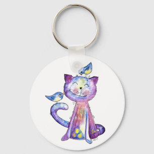 Cute Whimsical Purple Cat with Birds Key Ring