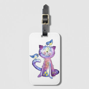 Cute Whimsical Purple Cat with Birds Luggage Tag