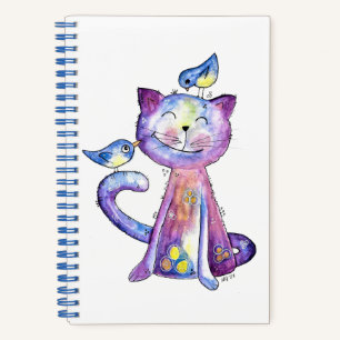 Cute Whimsical Purple Cat with Birds Notebook
