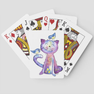 Cute Whimsical Purple Cat with Birds Playing Cards