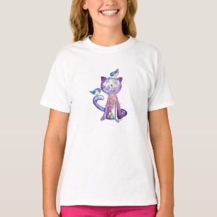 Cute Whimsical Purple Cat with Birds T-Shirt