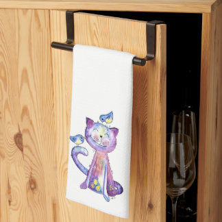 Cute Whimsical Purple Cat with Birds Tea Towel