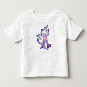 Cute Whimsical Purple Cat with Birds Toddler T-Shirt