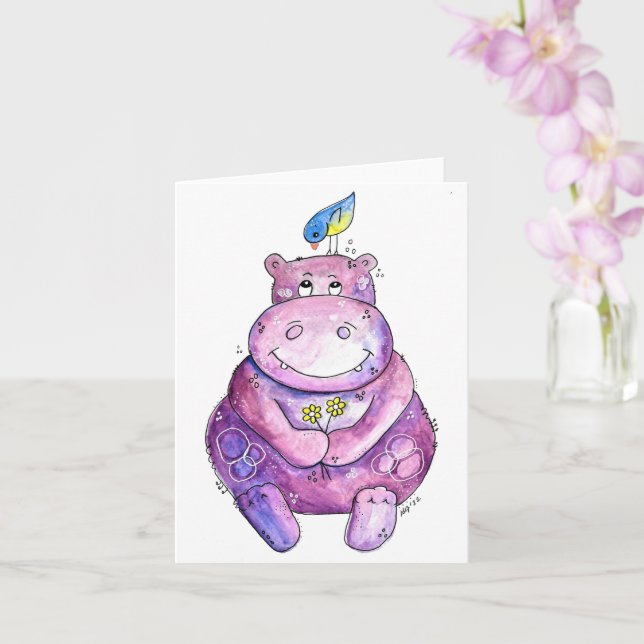 Cute Whimsical Purple Hippo Card (Orchid)
