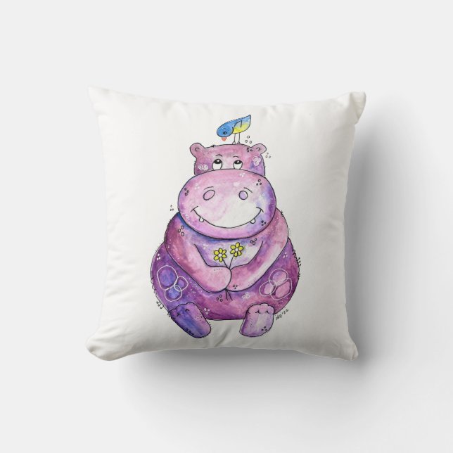 Cute Whimsical Purple Hippo Cushion (Front)