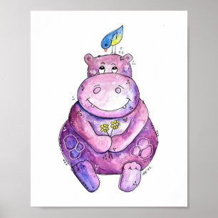 Cute Whimsical Purple Hippo Poster