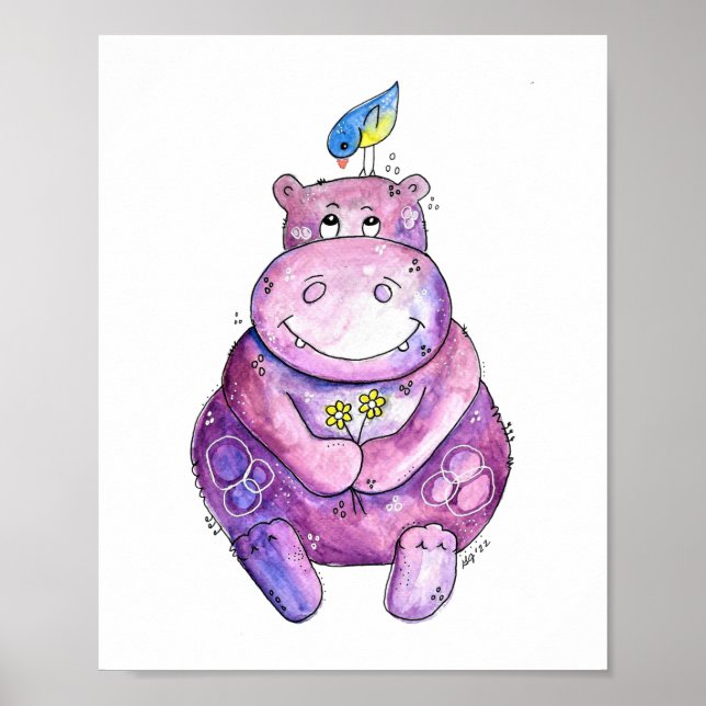 Cute Whimsical Purple Hippo Poster (Front)