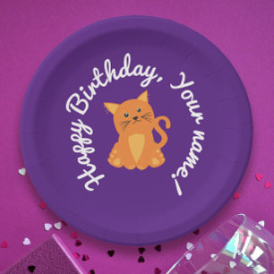 Cute Whimsical Purple Orange Kitten Cartoon Paper Plate