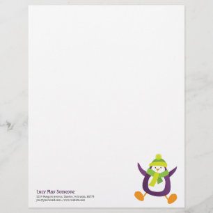Cute Whimsical Purple Penguin Personalizable Lette Personalised Letterhead