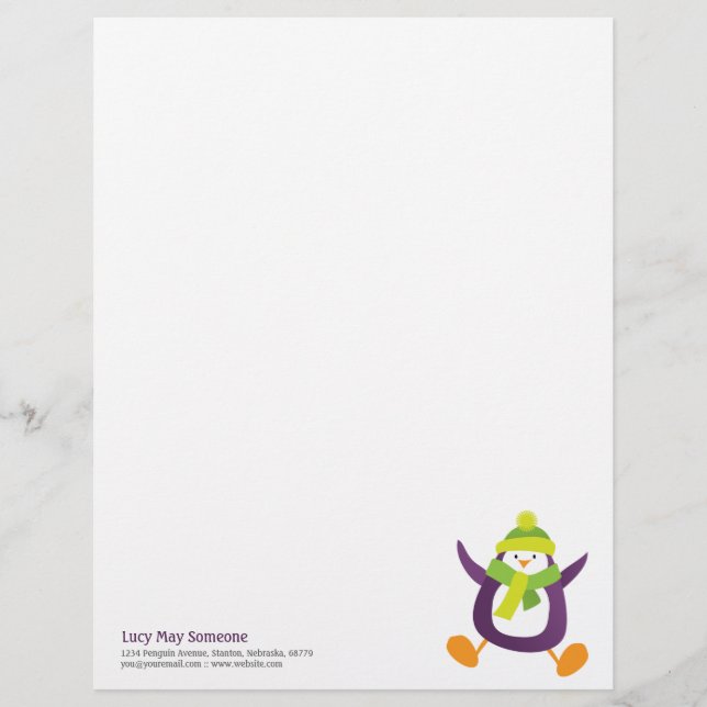 Cute Whimsical Purple Penguin Personalizable Lette Personalised Letterhead (Front)