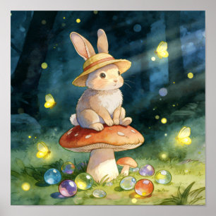 Cute Whimsical Rabbit on Mushroom Magical Forest Poster