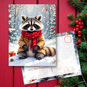 Cute Whimsical Raccoon Personalized Christmas Postcard