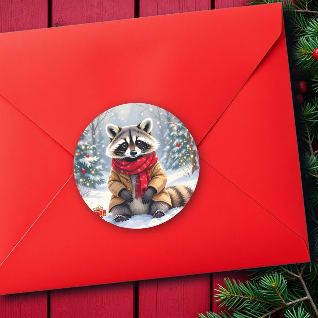Cute Whimsical Racoon Christmas Classic Round Sticker (Creator Uploaded)