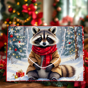 Cute Whimsical Racoon Christmas   Large Gift Bag