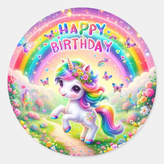 Cute Whimsical rainbow Birthday stickers (Front)