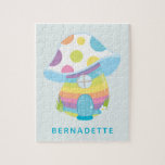 Cute Whimsical Rainbow Mushroom House Blue Name Jigsaw Puzzle<br><div class="desc">This cute puzzle features a whimsical rainbow fairy mushroom house illustration in teal blue,  yellow,  and pink. Personalise it with your name. Great gift idea.</div>