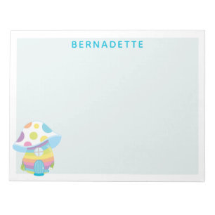 Cute Whimsical Rainbow Mushroom House Blue Name Notepad