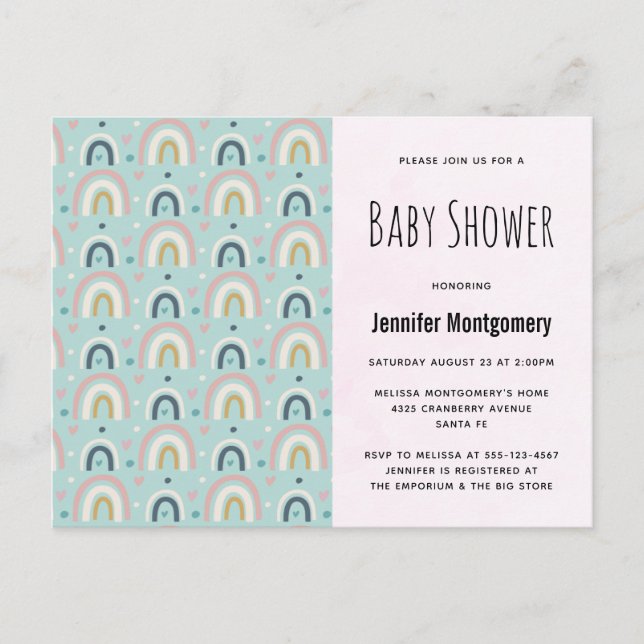 Cute Whimsical Rainbow Pattern Baby Shower Invitation Postcard (Front)