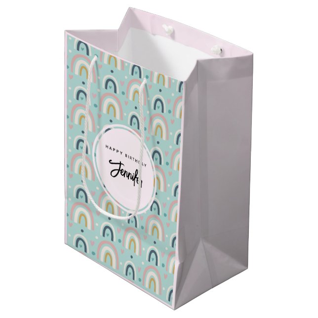Cute Whimsical Rainbow Pattern Birthday Medium Gift Bag (Front Angled)
