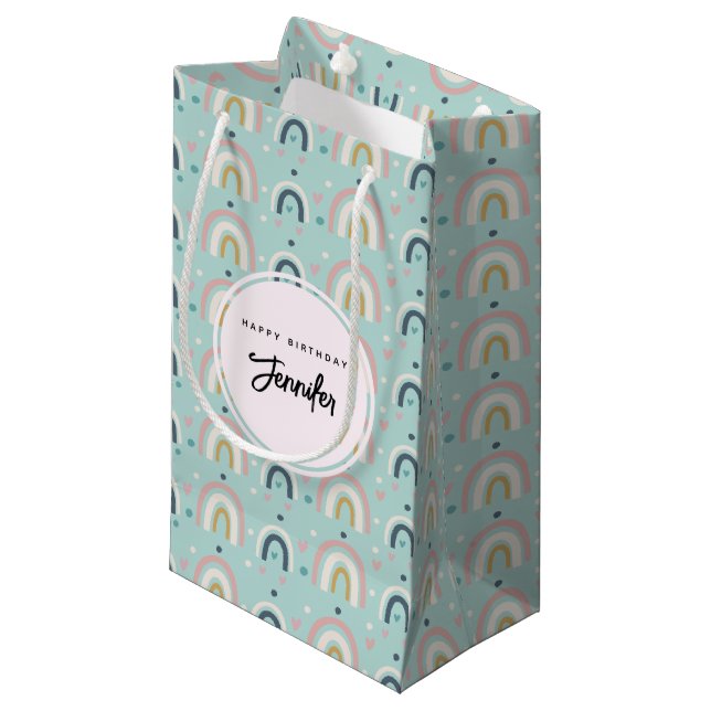 Cute Whimsical Rainbow Pattern Birthday Small Gift Bag (Front Angled)
