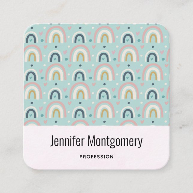Cute Whimsical Rainbow Pattern Square Business Card (Front)