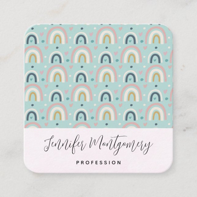 Cute Whimsical Rainbow Pattern Square Business Card (Front)