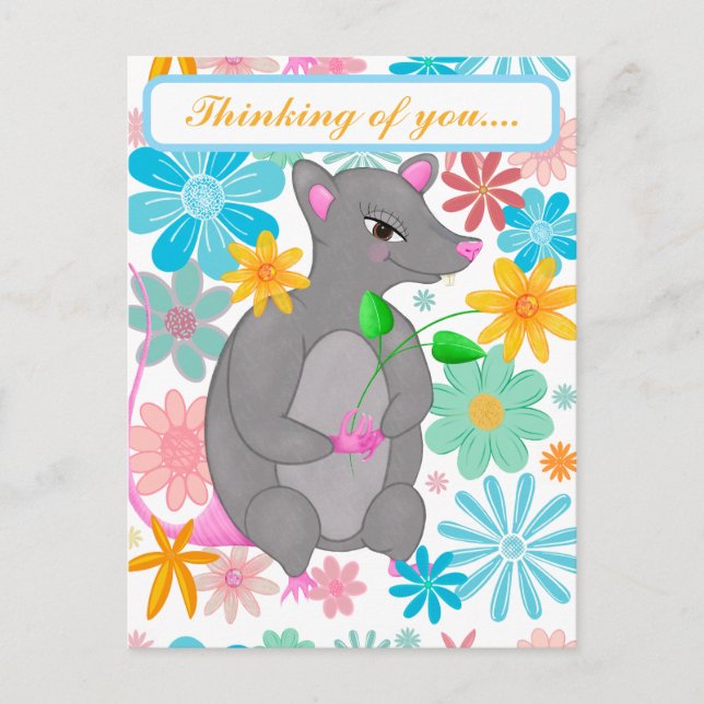 Cute whimsical rat colourful flowers postcard (Front)