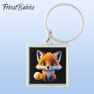 Cute Whimsical Red Fox Animal Character, Black 🦊 Key Ring