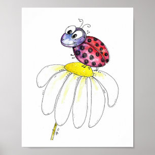 Cute Whimsical Red Ladybug on a White Flower Poster