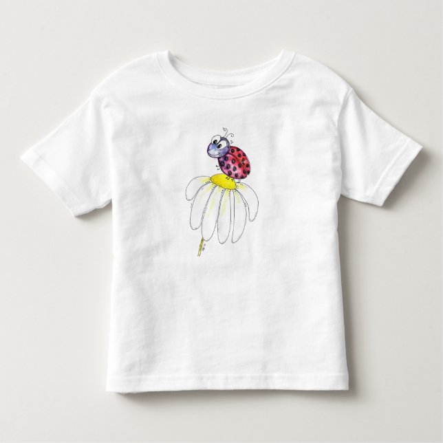 Cute Whimsical Red Ladybug on a White Flower Toddler T-Shirt (Front)