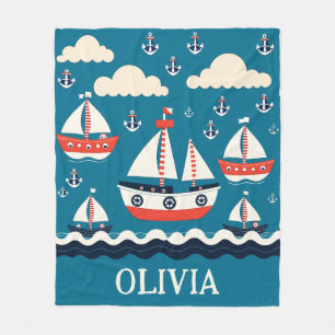 Cute Whimsical Red White Sailboats and Anchors Fleece Blanket