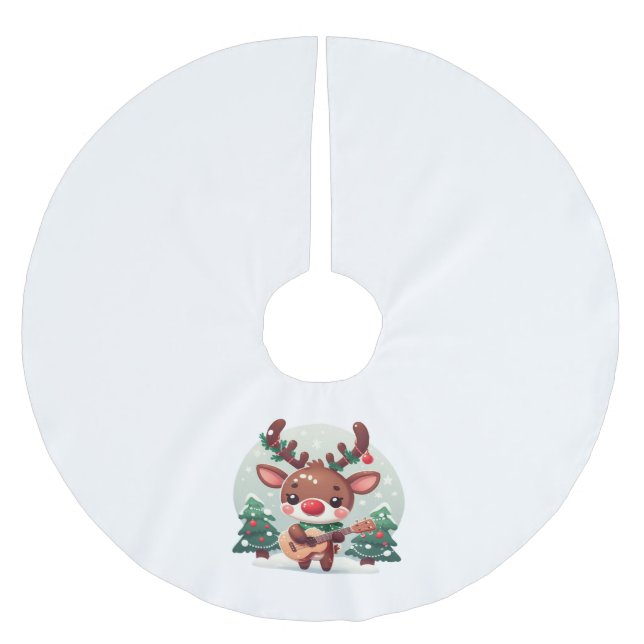 Cute Whimsical Reindeer with guitar Brushed Polyester Tree Skirt (Front)