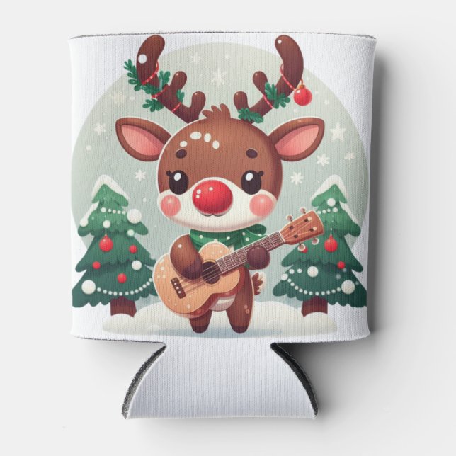 Cute Whimsical Reindeer with guitar Can Cooler (Front)