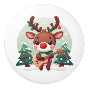 Cute Whimsical Reindeer with guitar Ceramic Knob