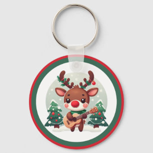 Cute Whimsical Reindeer with guitar Key Ring