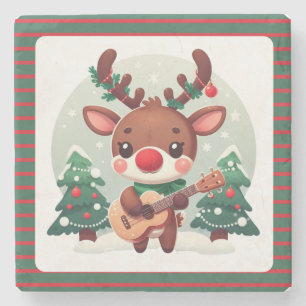 Cute Whimsical Reindeer with guitar Stone Coaster
