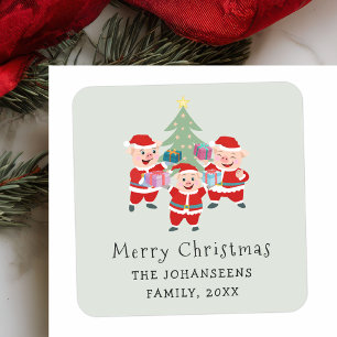 Cute Whimsical Retro Cartoon Christmas Pigs Green Square Sticker