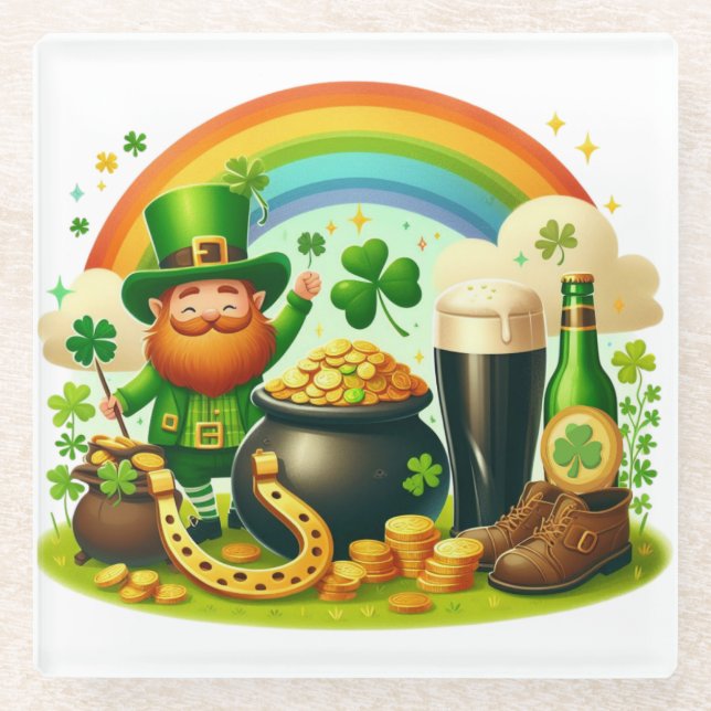 Cute, whimsical Saint Patrick's Day Glass Coaster (Front)