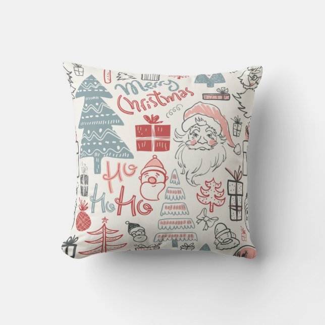 Cute Whimsical Santa Christmas Tree Pattern Pink Cushion (Front)
