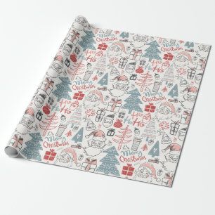Cute Whimsical Santa Christmas Tree Pattern Pink Wrapping Paper