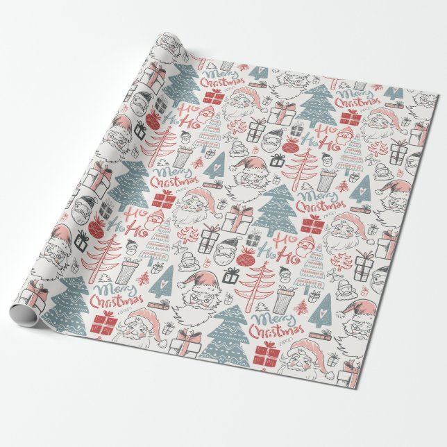 Cute Whimsical Santa Christmas Tree Pattern Pink Wrapping Paper (Unrolled)