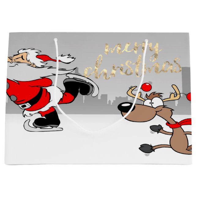 Cute Whimsical Santa Claus,Reindeer Large Gift Bag (Front)