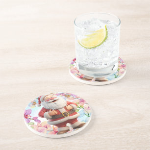 Cute Whimsical Santa Claus with Floral Coaster