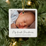 Cute whimsical script Baby's First Christmas photo Ceramic Ornament<br><div class="desc">A cute script for this Christmas tree photo ornament. To customize with your favorite family picture. The perfect keepsake gift to celebrate your baby's first Christmas. You can also easily change the color of the font to your liking.</div>