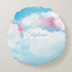 Cute Whimsical Sky Pink and Blue Clouds Round Cushion