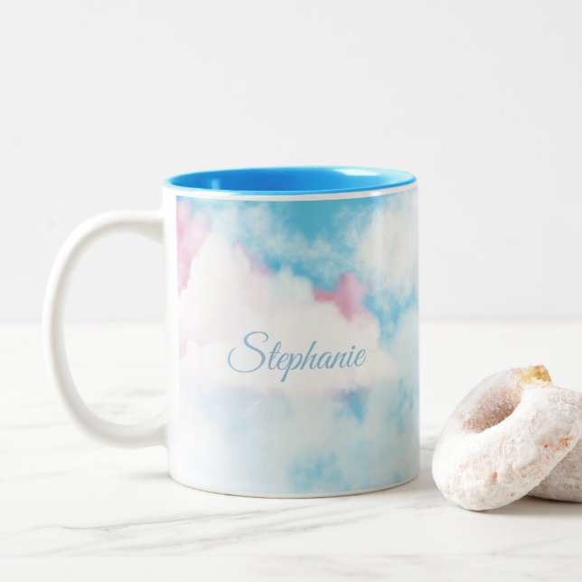 Cute Whimsical Sky Pink and Blue Clouds Two-Tone Coffee Mug (With Donut)