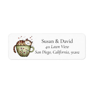 Cute Whimsical Sleeping Cat Teacup Floral Hearts Return Address Label